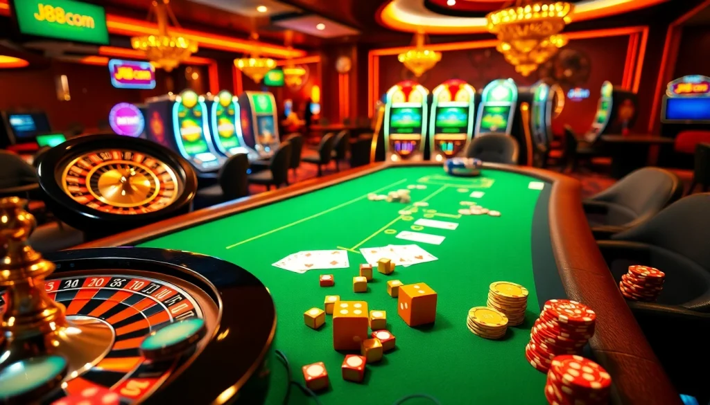 Experience the thrill of j88 com with vibrant casino elements including poker, roulette, and dice.