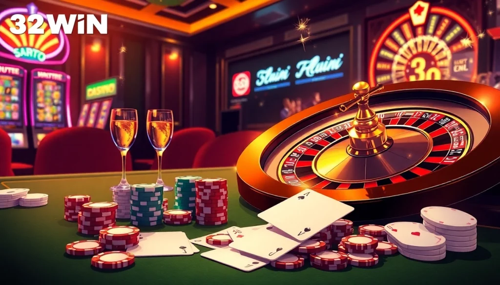 Excited players enjoying a thrilling game at 32WIN casino table with poker chips and cards.