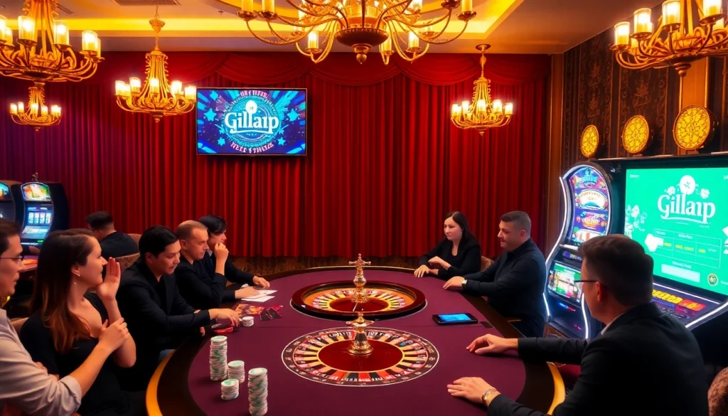 Engaged players at a glamorous casino table featuring gilajp-themed gaming elements and vibrant atmosphere.