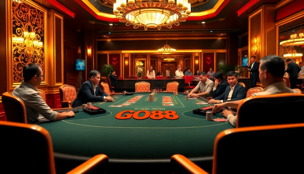 GO88 poker table with players and professional dealers in a luxurious casino setting.