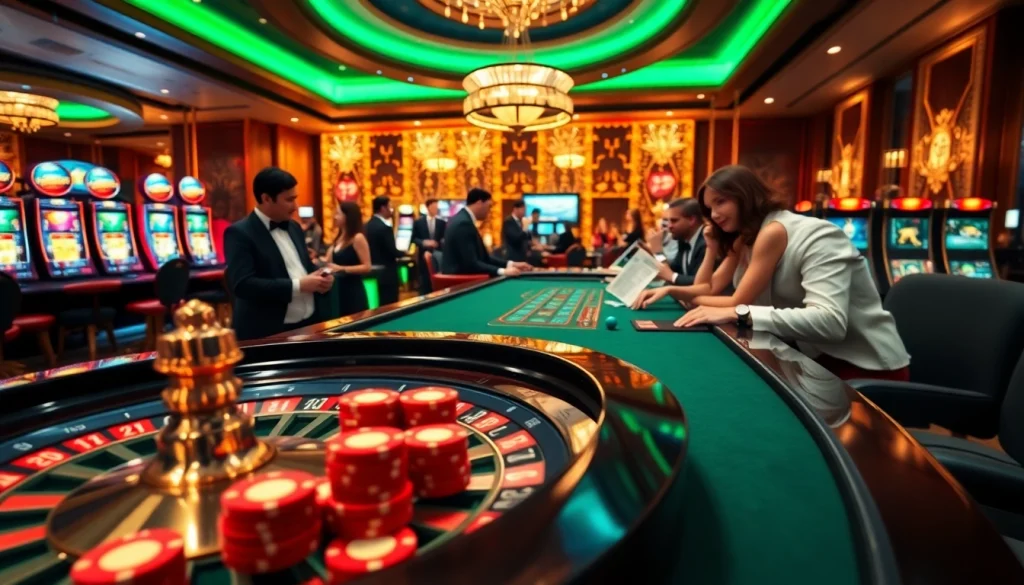 Xn88 com casino scene with vibrant poker chips and roulette wheel in a luxurious setting