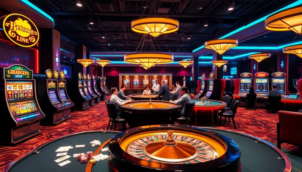 A dynamic online gambling atmosphere at nhà cái 789club featuring excited gamblers at poker tables and slot machines.