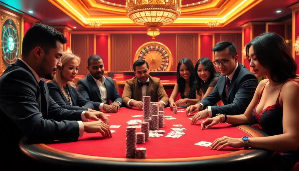 F8bet players enjoying a luxury poker game at a lavish casino table.