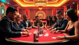 F8bet players enjoying a luxury poker game at a lavish casino table.