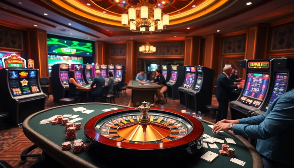 Dynamic gaming scene at TG777 showcasing poker tables, vibrant slot machines, and roulette excitement.