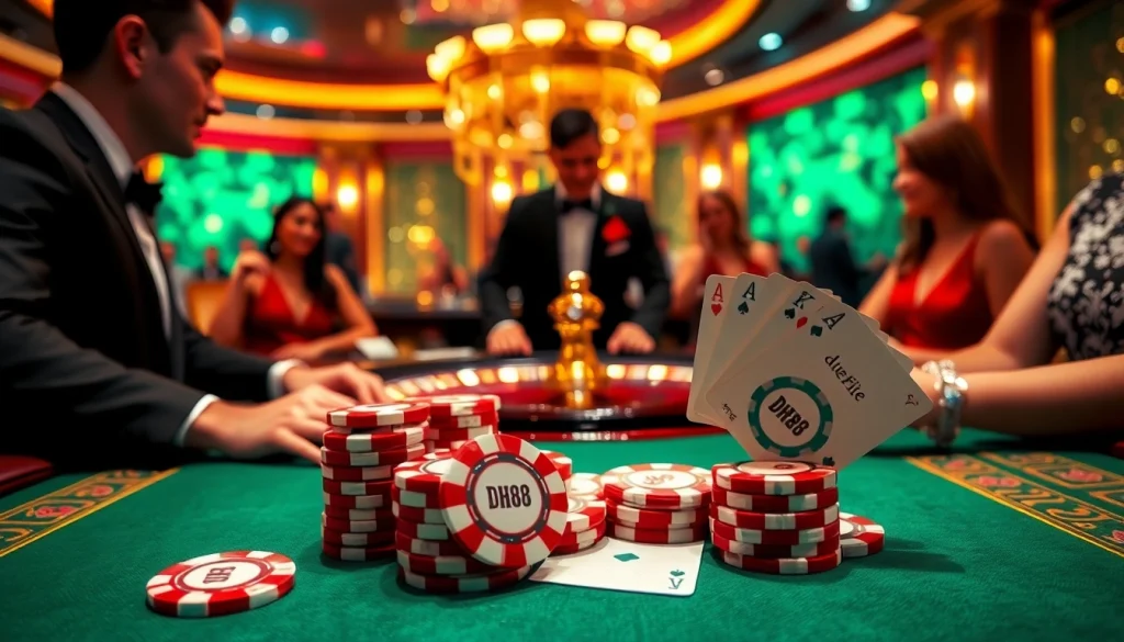 Players engage in a thrilling poker game at DH88, showcasing luxury and excitement in a lively casino.