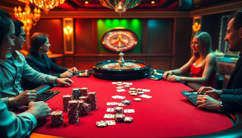 Players engaging in a thrilling poker game at a high-stakes table featuring ok8386 branding.
