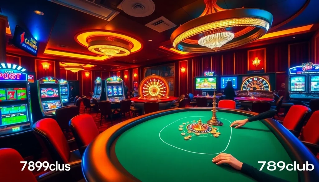 A lively scene at 789club showcasing players at a vibrant poker table in a luxurious casino.