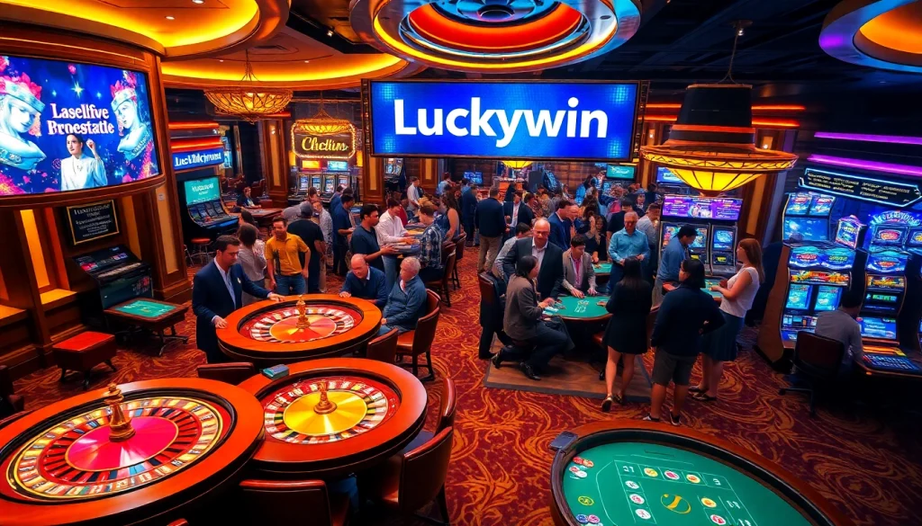 Experience the excitement of Luckywin in a vibrant casino scene filled with players and games.