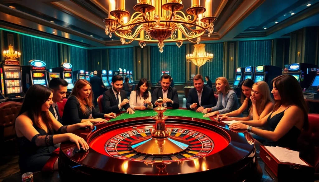 Exciting casino scene displaying go8 gaming with vibrant poker chips, roulette table, and players enjoying their bets.
