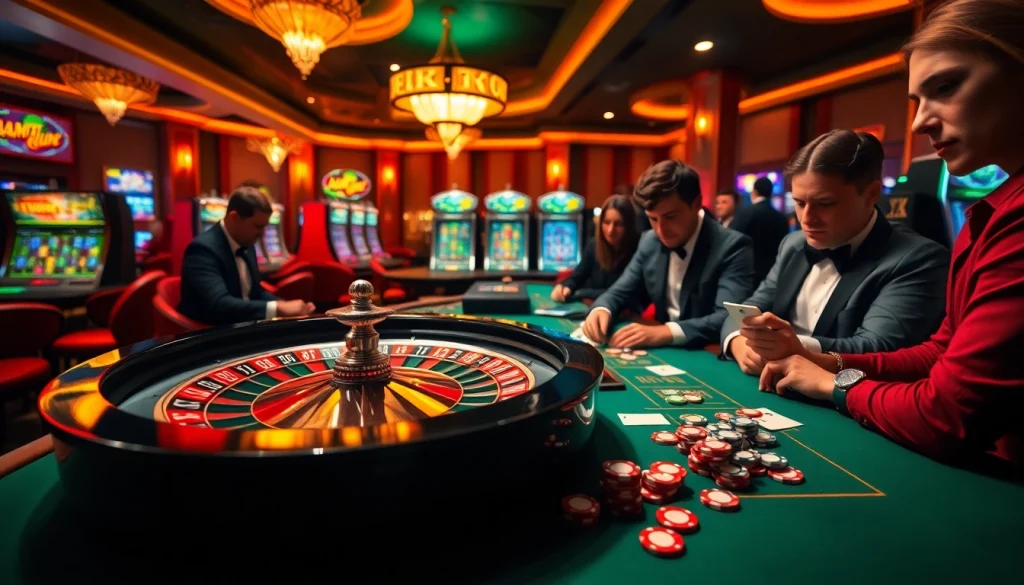 Tỷ lệ bóng đá 7m highlighted as players engage at a luxurious casino table filled with cards and chips.