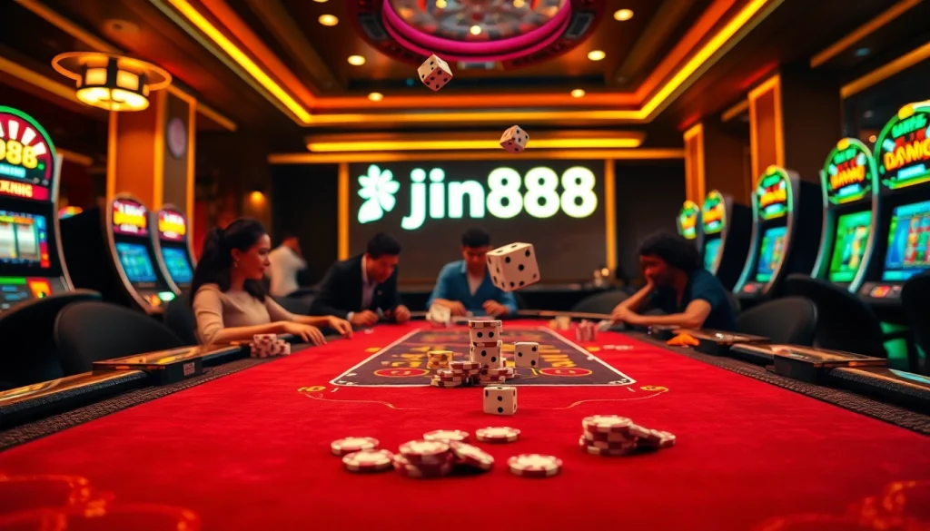 Players enjoying high-stakes poker at jun888 casino, with vibrant chips and bright slot machines.