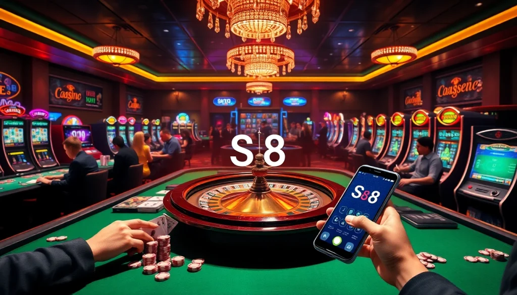 S8 casino scene featuring poker tables, roulette wheel, and excitement of online gaming.