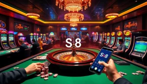 S8 casino scene featuring poker tables, roulette wheel, and excitement of online gaming.
