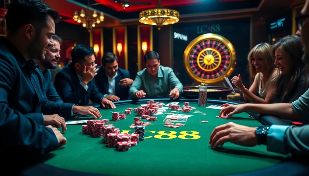 Players enjoying a thrilling game at the LC88 casino, showcasing vibrant poker chips and cards.