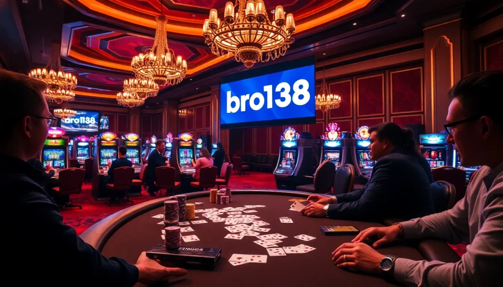 Engaging poker game scene at a luxurious casino featuring bro138 slot elements, highlighting high-stakes excitement.
