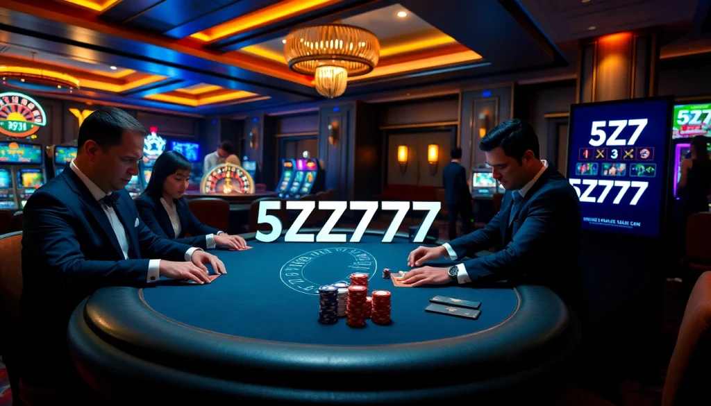 Players strategizing at a high-stakes poker table at the glamorous 5Z777 casino.