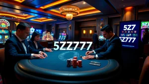 Players strategizing at a high-stakes poker table at the glamorous 5Z777 casino.