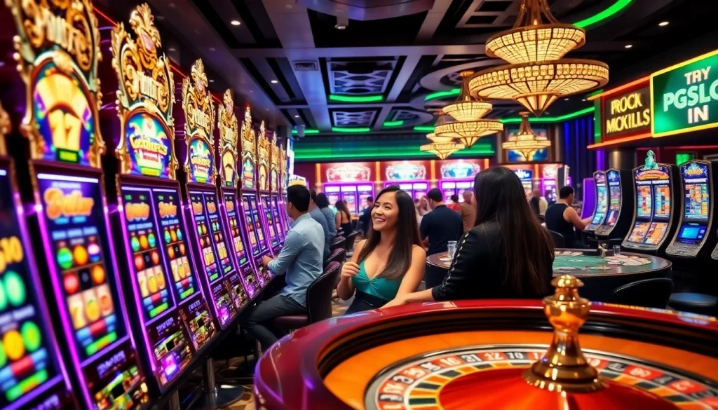 Experience the thrill of gaming at PGSLOT IN with vibrant slot machines and excited players.