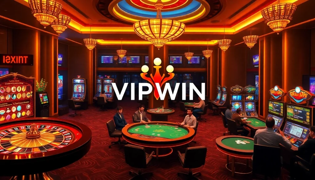 Experience the excitement of Vipwin casino with players engaging at vibrant tables and slot machines.