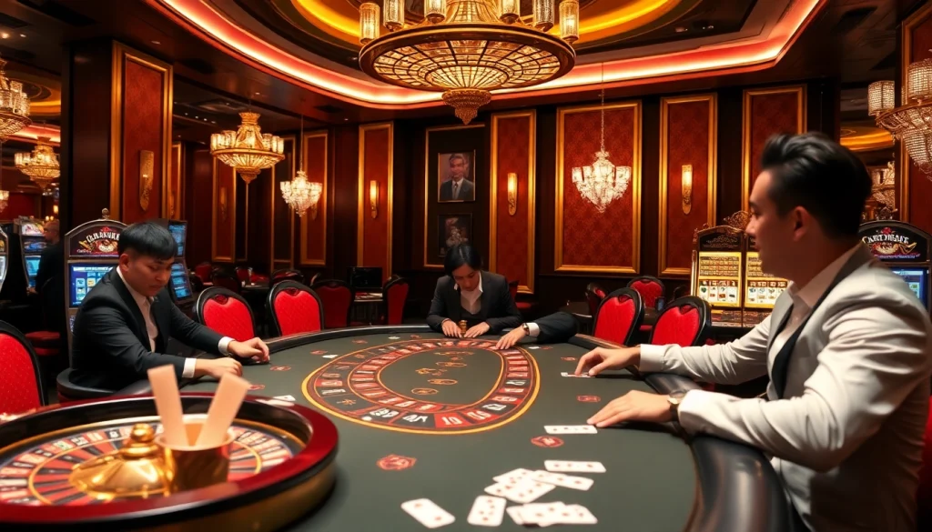 Luxury138 gamblers place bets at a poker table in a lavish casino setting