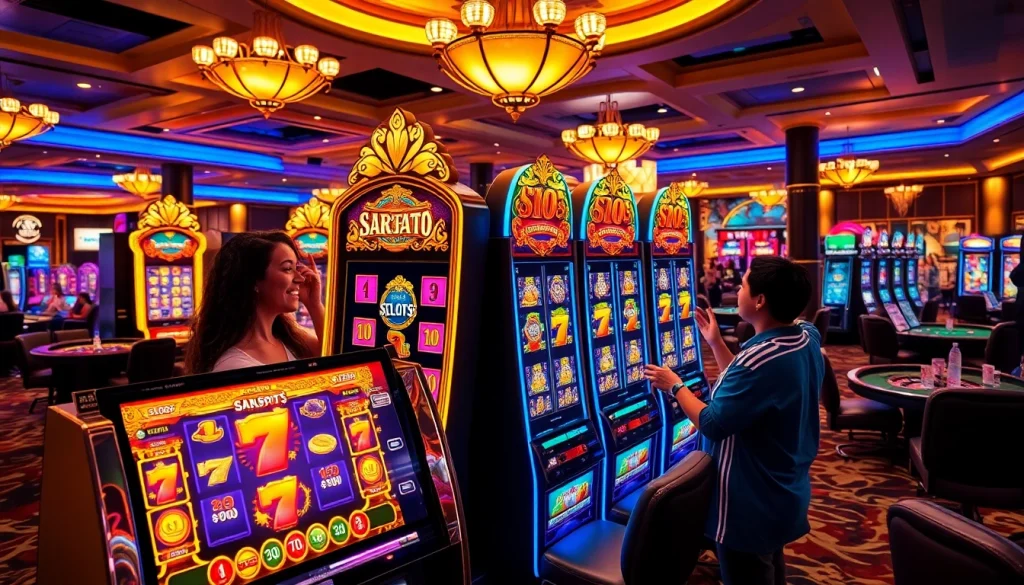 Players enjoying their wins on SLOTS8 slot machines in a luxurious casino setting.