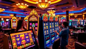 Players enjoying their wins on SLOTS8 slot machines in a luxurious casino setting.