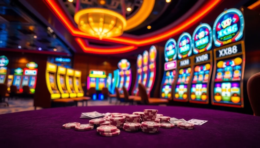 Exciting slot machine gameplay scene at XX88 casino with vibrant colors and poker chips.