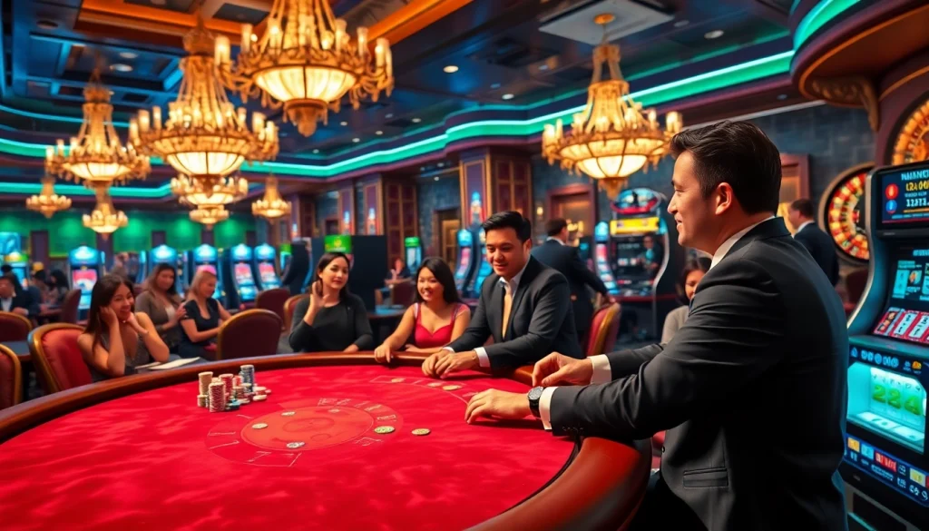 A vibrant casino scene showcasing players at 13win poker tables with lively atmosphere and rich decor.
