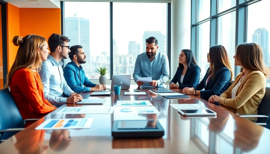 Engaging professional discussing SME AI consulting services with small business owners in a modern office.