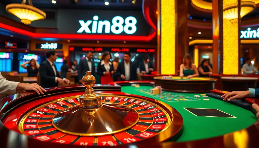 Exciting scene of players engaged at a xin88 roulette table with vibrant casino elements.