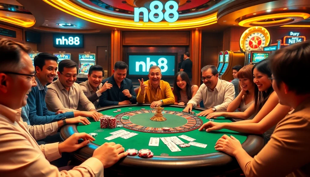 Exciting poker action at the casino featuring nh88 chips and a roulette wheel.