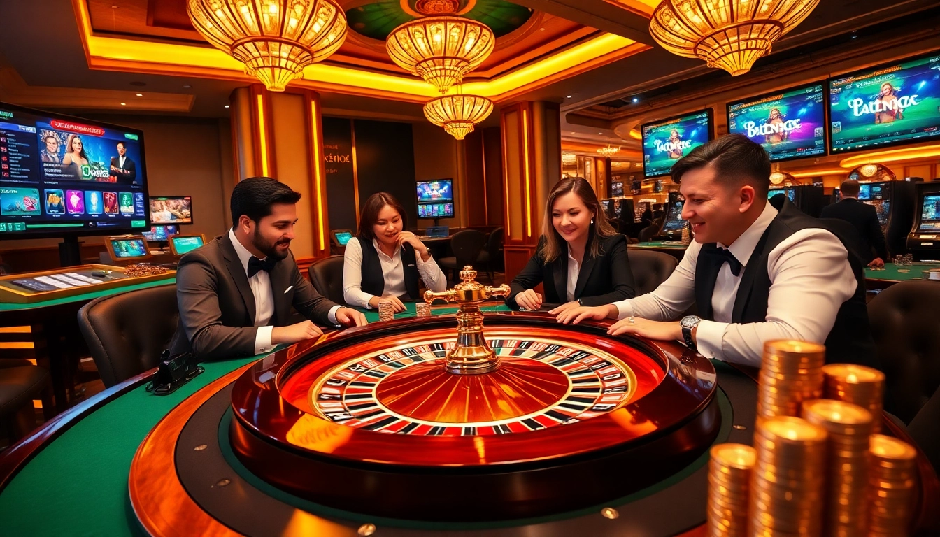 Experience the excitement at Bl555 casino with vibrant gaming around roulette and poker tables.