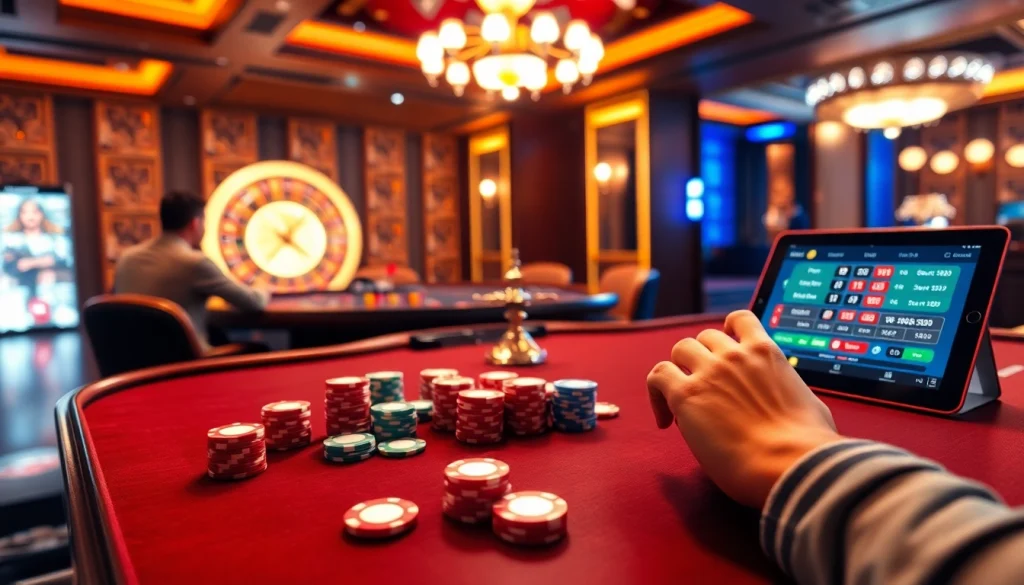 Experience the excitement of KK55 gambling with a vibrant casino scene showcasing poker, roulette, and modern betting.