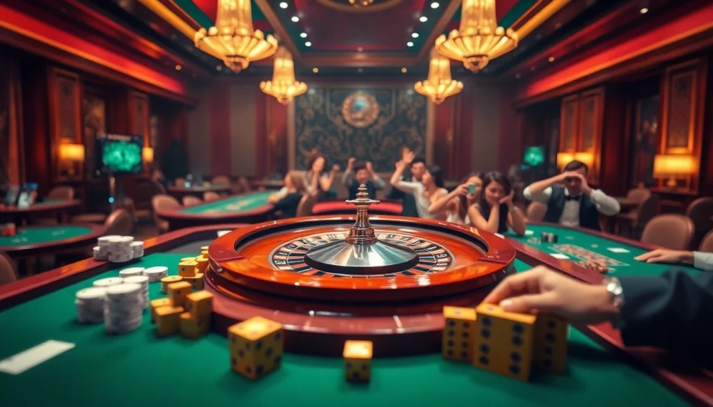 Rasakan permainan yang mendebarkan dengan Datukwin dalam latar kasino yang elegan yang menampilkan roulette dan chip.