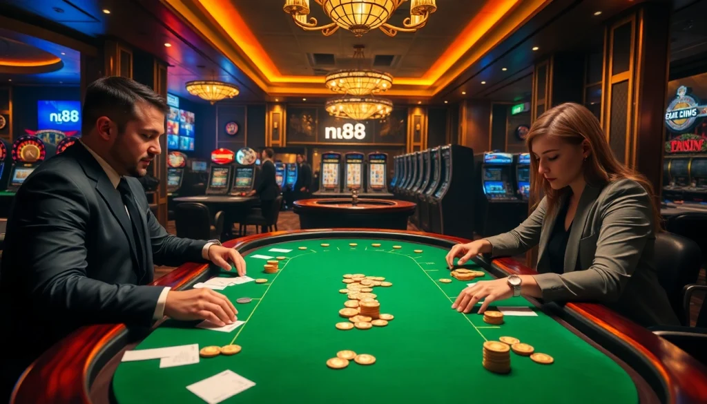 Experience high-stakes action at nh88's luxurious casino, showcasing poker tables and roulette wheels.