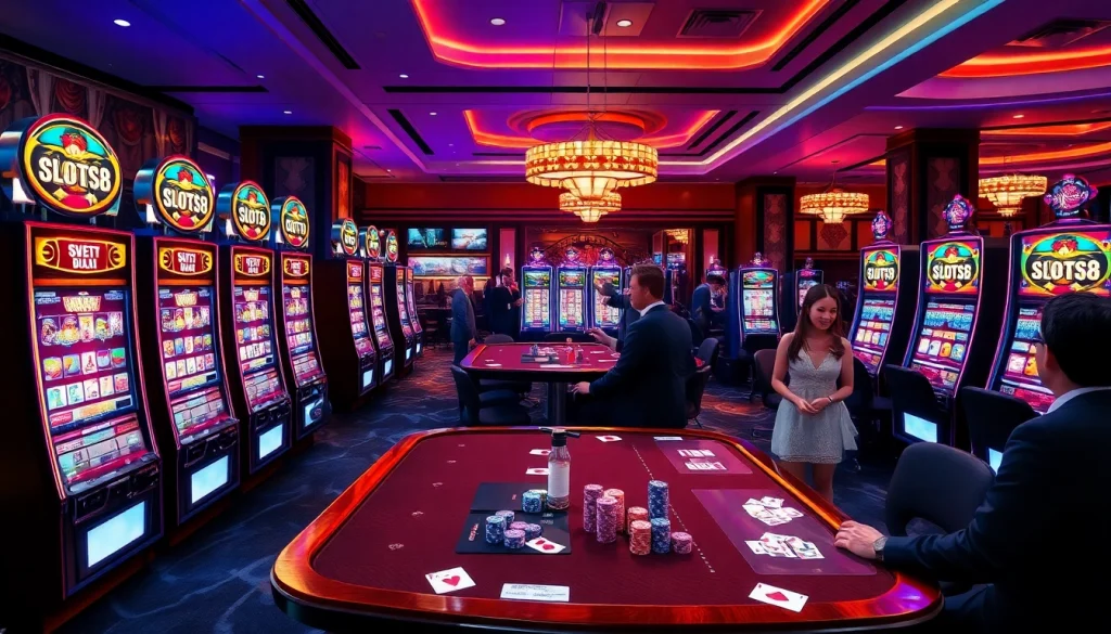 Experience the thrill of SLOTS8 gaming with vibrant slot machines and excited players.