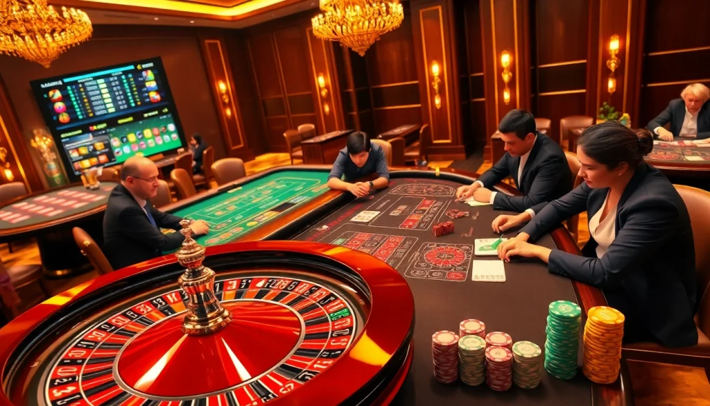 Experience thrilling gameplay at Link FLY88 with vibrant casino games, roulette, and poker chips.