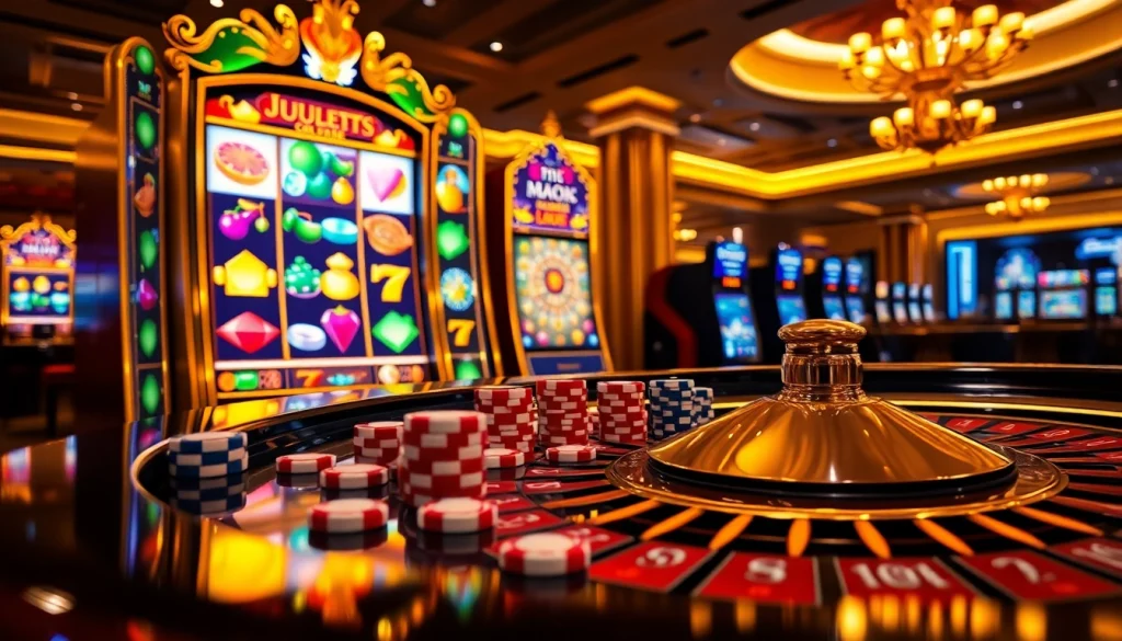 Engaging scene of a luxury12 slot machine with vibrant graphics among casino elements like poker chips and dice.