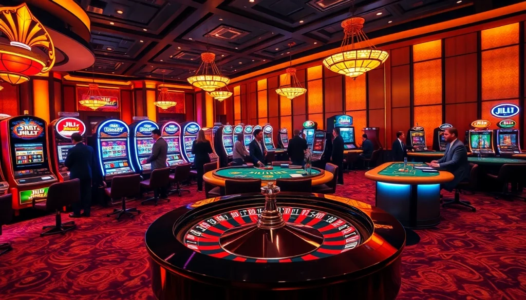 Engaging players at a lively JILI7 casino with immersive gaming tables and slot machines.