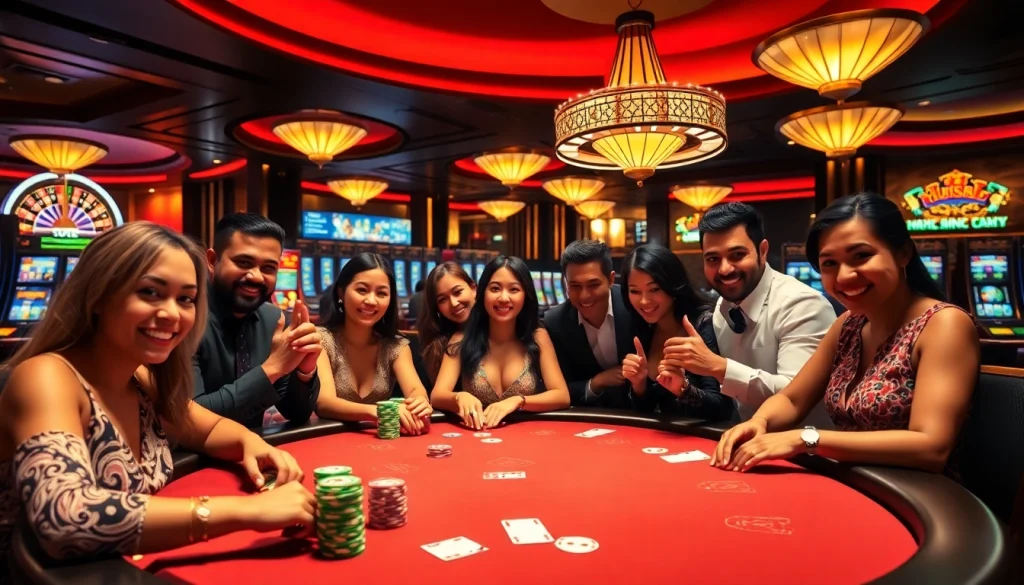 Players engaging intensely at a poker table within an upscale casino at https://ok8386.sh/ featuring colorful chips and vibrant atmosphere.