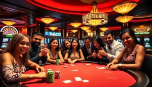Players engaging intensely at a poker table within an upscale casino at https://ok8386.sh/ featuring colorful chips and vibrant atmosphere.
