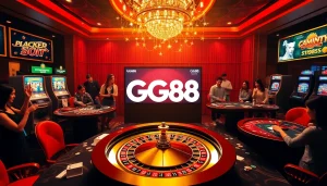 GG88 players enjoying a thrilling casino experience with roulette and blackjack tables.