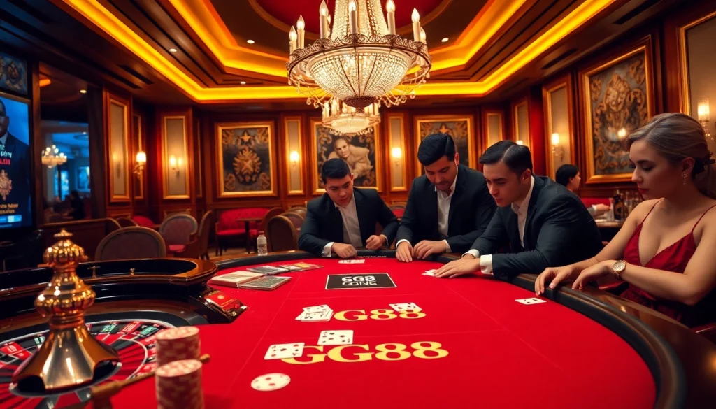 Players enjoying excitement at GG88 casino with poker chips and roulette table.
