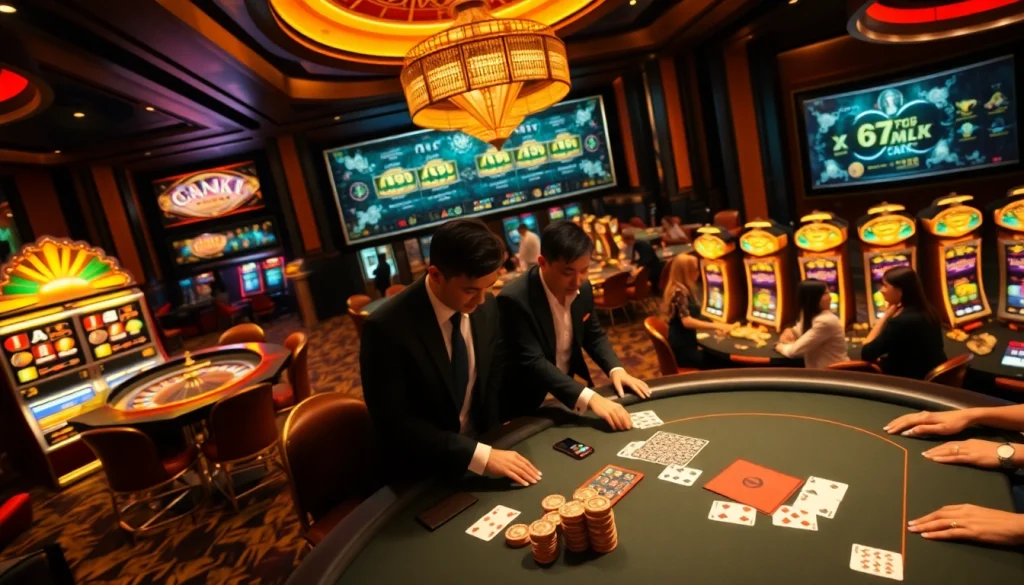 Exciting gambling action at 99oke with poker chips and roulette wheel in a luxurious casino setting