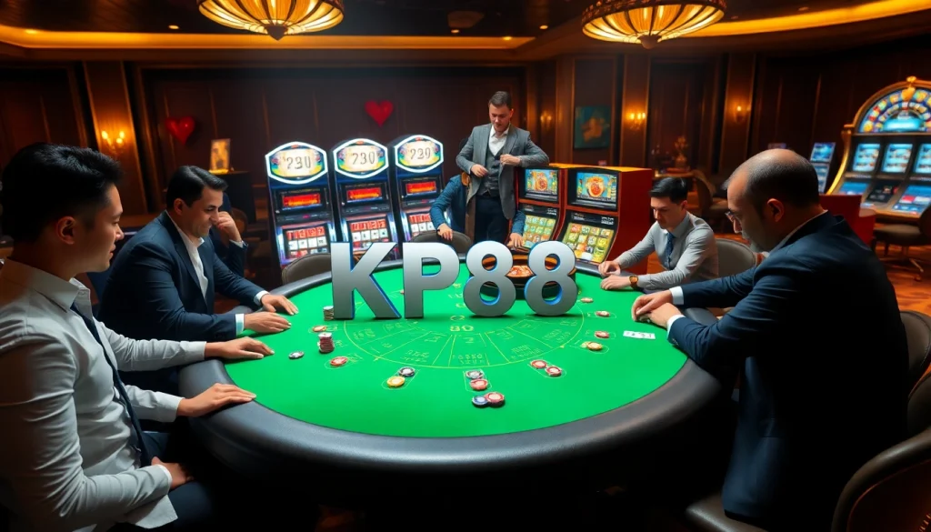 Experience the thrill of KP88 poker with vibrant chips and elegant gameplay in a luxurious casino setting.