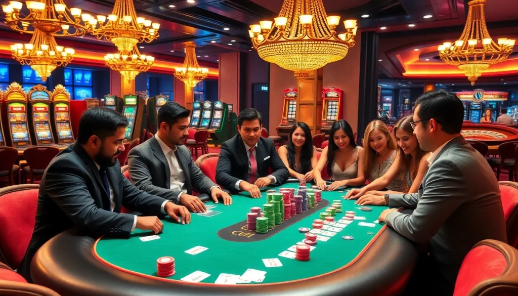 Engaging players in a luxurious casino poker game, showcasing Daftar Modal138 strategies and excitement.