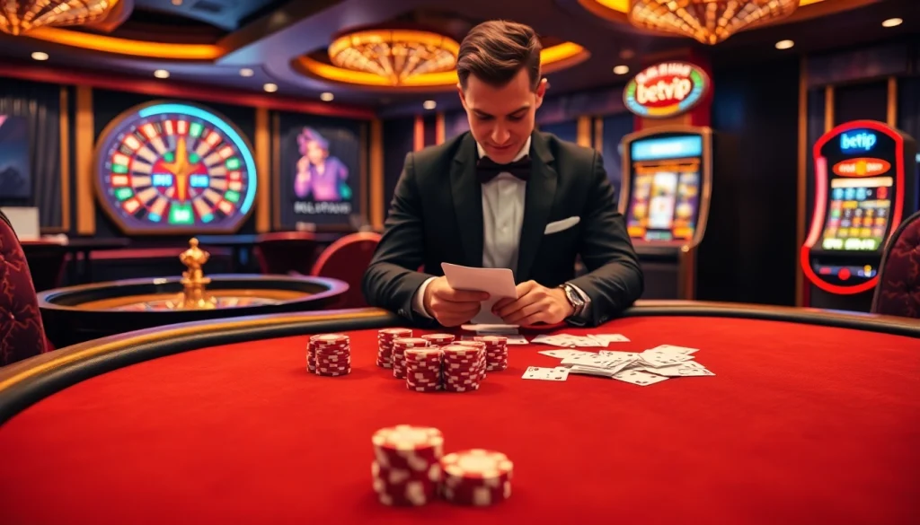 Trải nghiệm cảm giác cược tại casino sang trọng của BetVIP với bàn poker và máy đánh bạc.