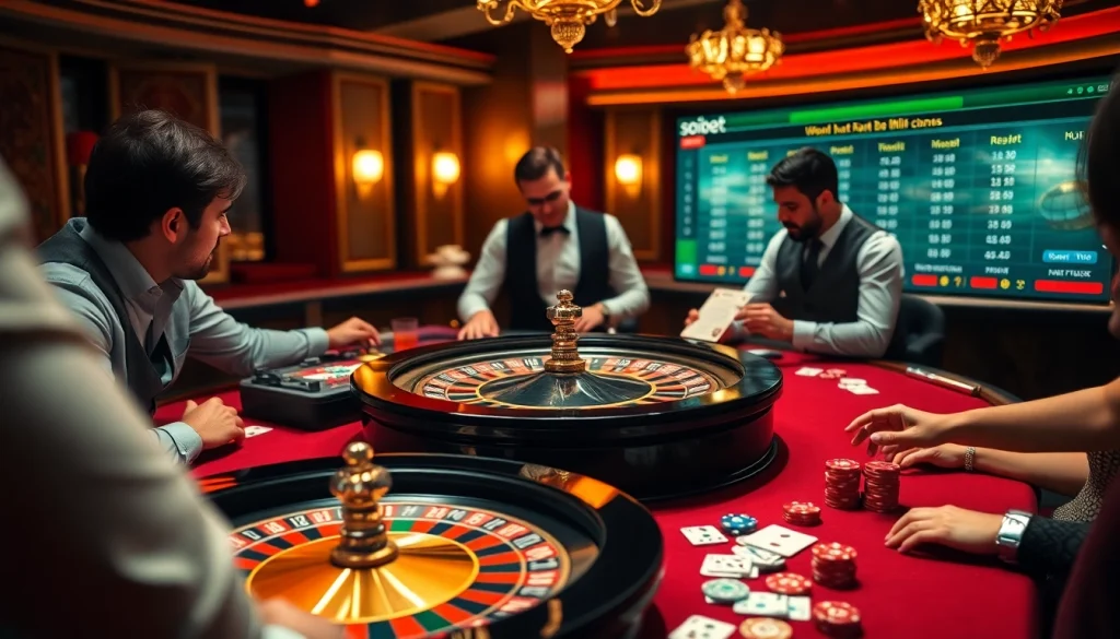Action-packed casino scene featuring soibet's exciting roulette table and engaged players.
