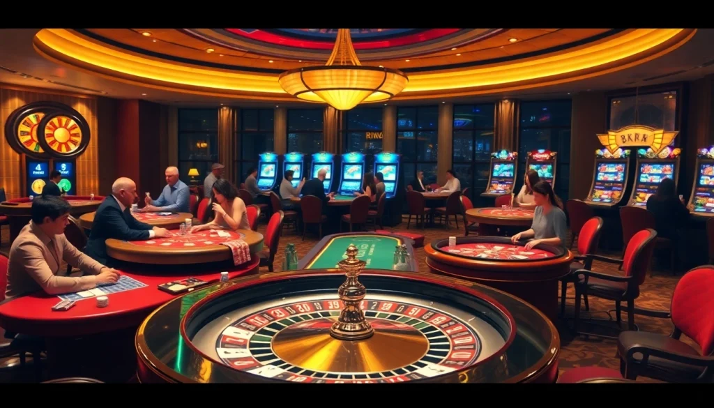 Exciting BK8 casino scene showcasing vibrant tables, roulette wheel, and engaged players.